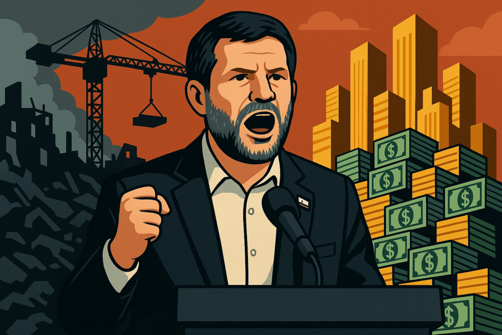 gaza-goldgrube-illustration Illustration eines Politikers am Rednerpult mit zerstörter Stadt, Baukränen und goldenen Hochhäusern – Symbolbild zum Gaza-Goldgrube-Zitat von Finanzminister Smotrich