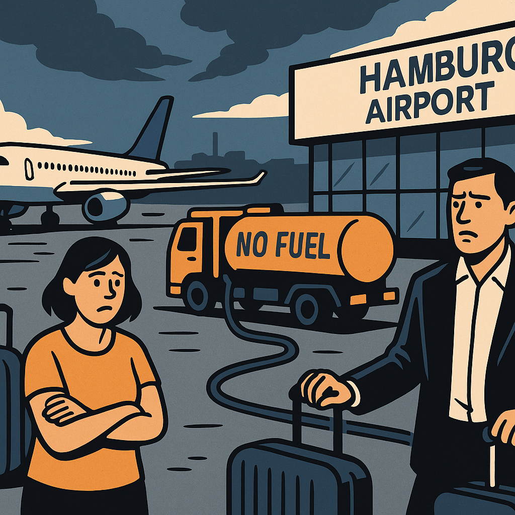 Symbolbild: Hamburg Airport mit Flugzeugen am Rollfeld und Tankwagen – Illustration zum Kerosin-Mangel am Hamburger Flughafen.