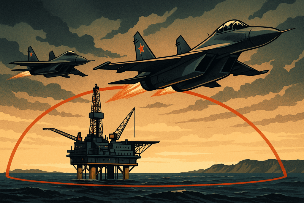 ostsee-russische-kampfjets-bohrplattform Russische Kampfjets fliegen über einer Bohrplattform in der Ostsee – Illustration zur Sicherheitszone über Petrobaltic